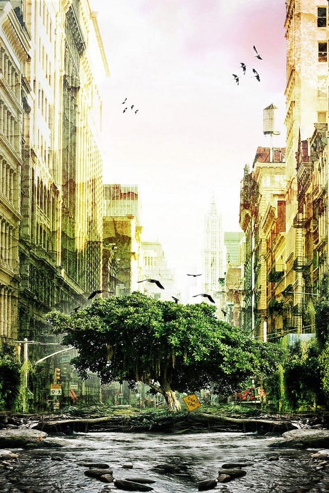 Fantasy Tree City Iphone 4s Wallpapers Free Hd Iphone4 - Post Apocalyptic Hd Backgrounds , HD Wallpaper & Backgrounds