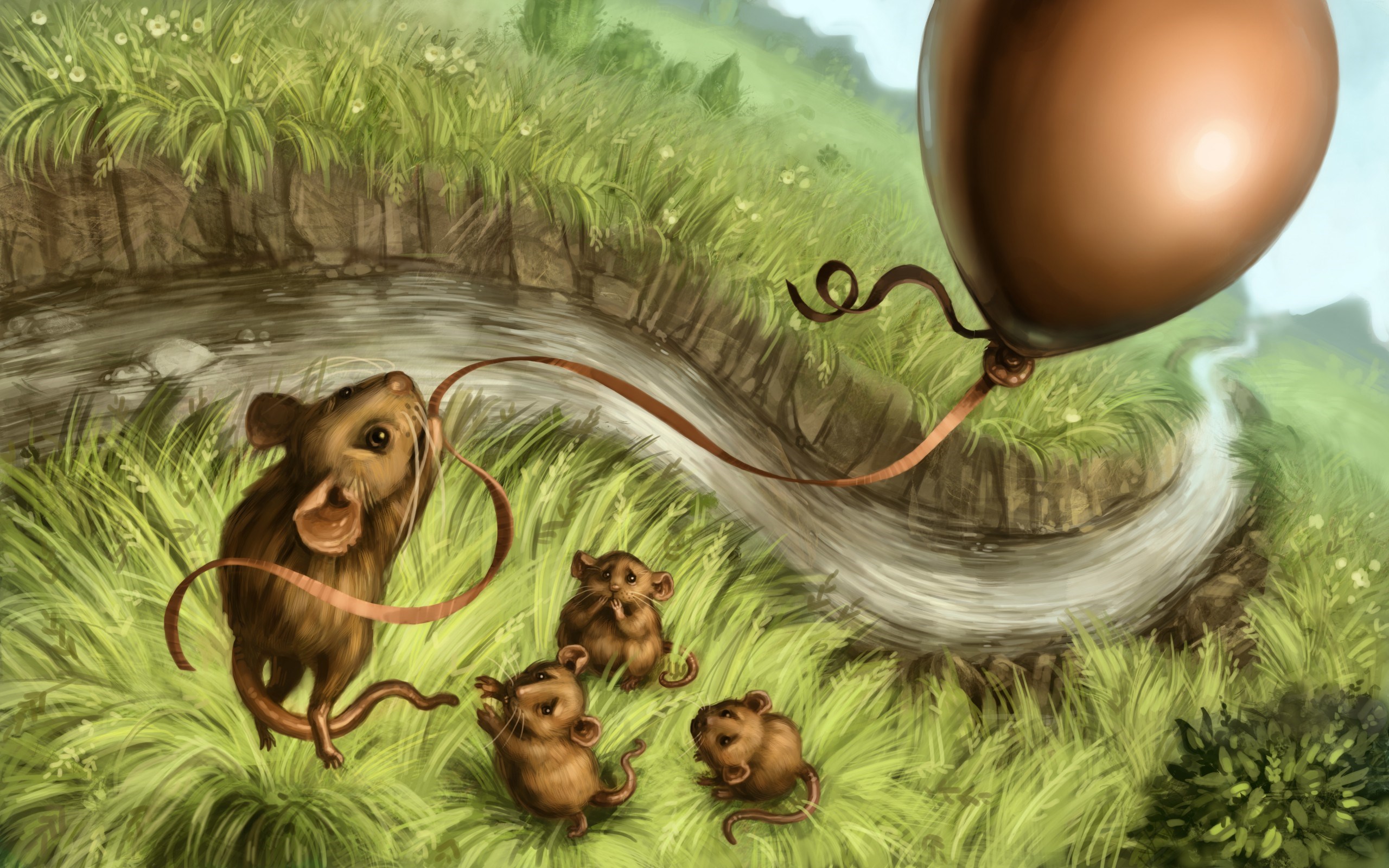 Art Mice Rodents Balloon Grass River Nature , HD Wallpaper & Backgrounds