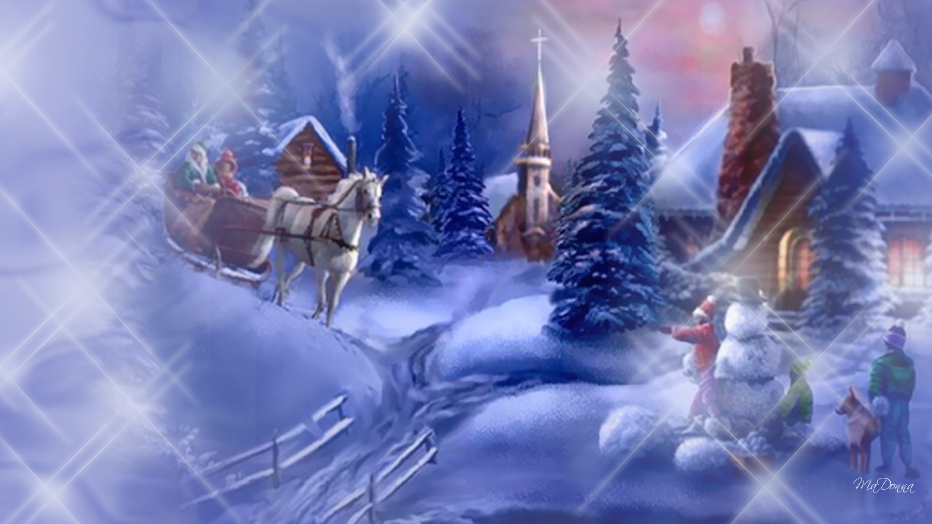 Snow Night Dog Tree Christmas Vintage Cabin Sleigh - Winter Horses Wallpapers 1920x1080 Hd , HD Wallpaper & Backgrounds