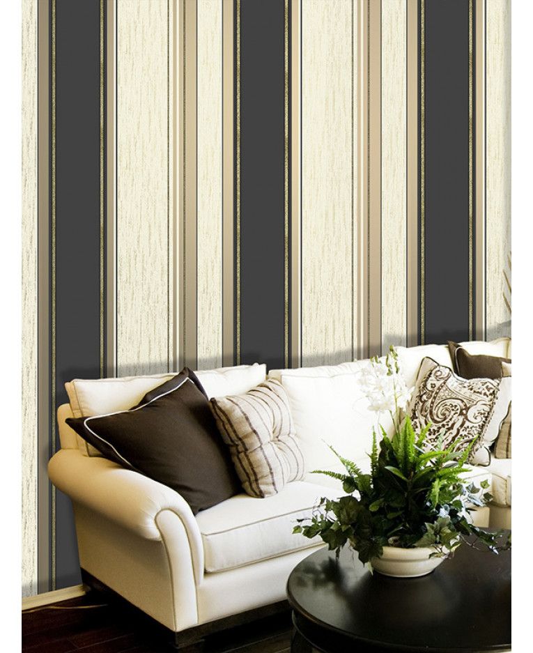 This Synergy Stripe Wallpaper In Black, Gold And Cream - Brown And Gold Striped , HD Wallpaper & Backgrounds