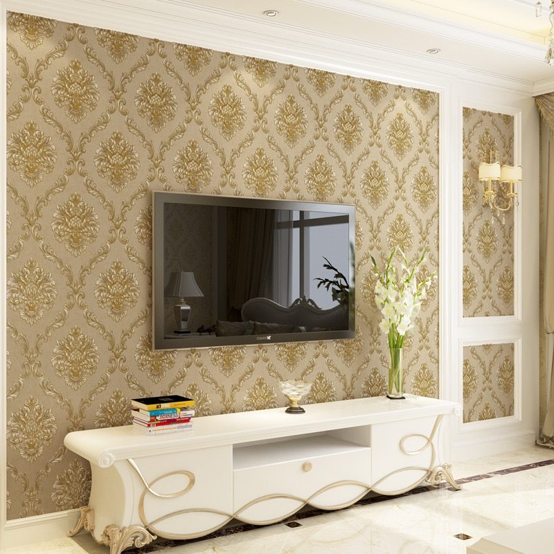 2019 New Luxury Damask Livingroom Wallpaper Tv Background - Interior Design , HD Wallpaper & Backgrounds