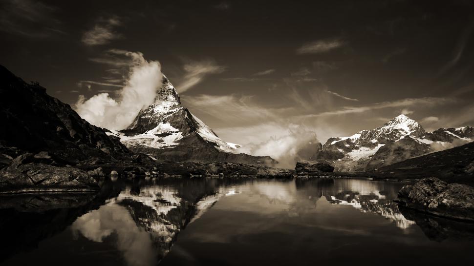 Mountains Landscape Sepia Reflection Clouds Pond Hd - Matterhorn , HD Wallpaper & Backgrounds