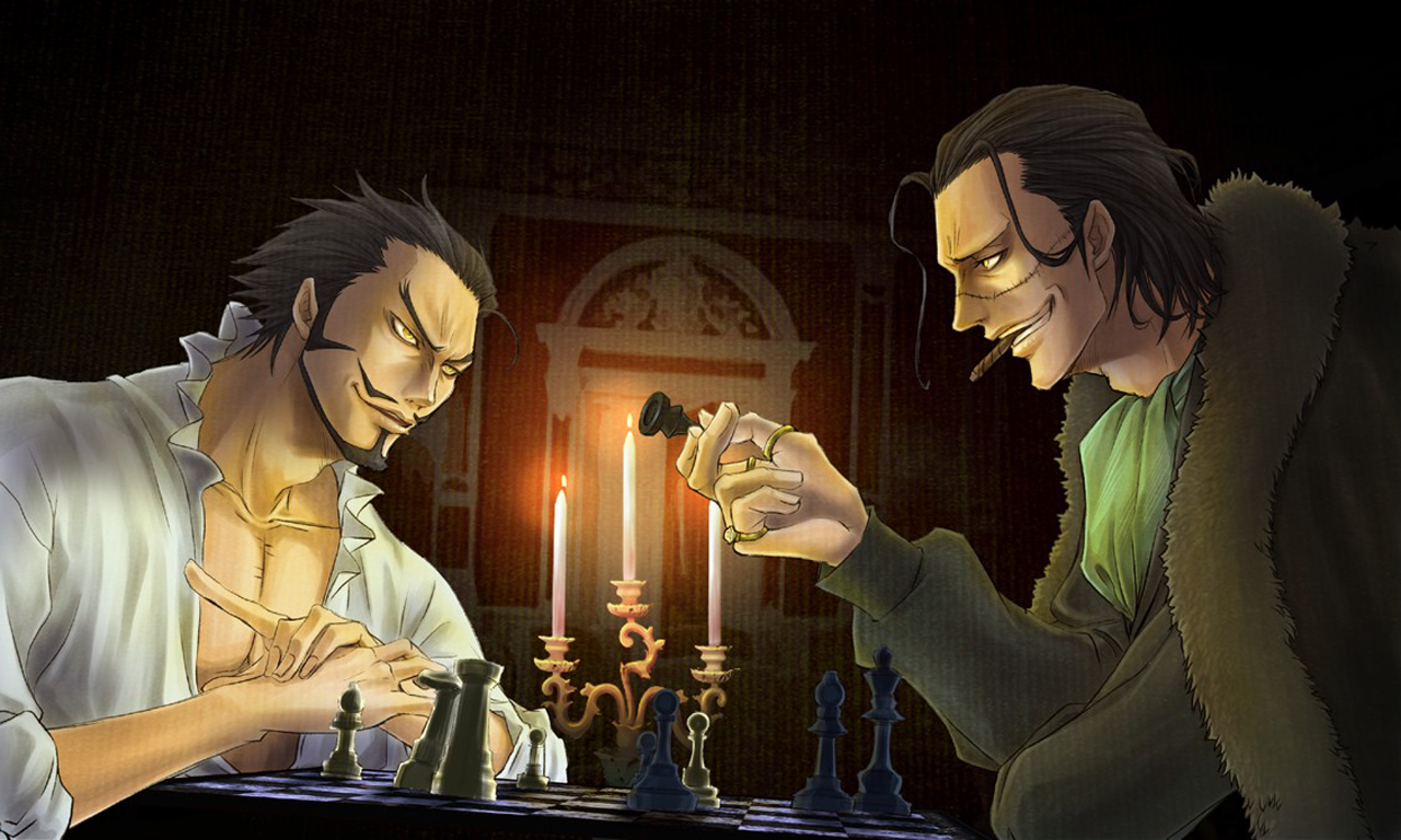 One Piece Dracule Mihawk Crocodile Anime Playing Chess - One Piece Crocodile Smiling , HD Wallpaper & Backgrounds