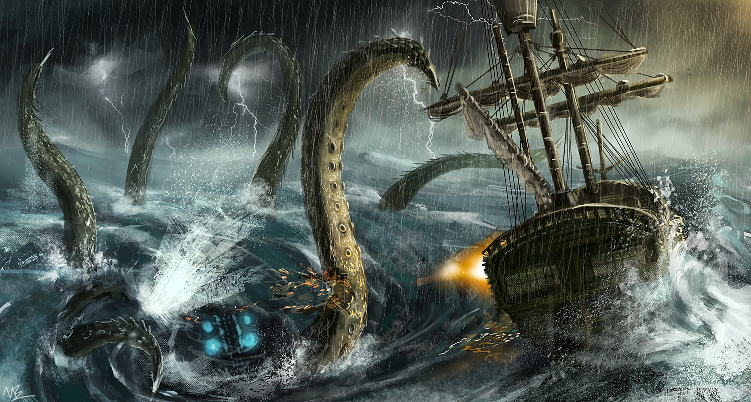 Kraken Attacking Sailing Ship, Artwork, Fantasy Art, - Sea Monster And Boat , HD Wallpaper & Backgrounds