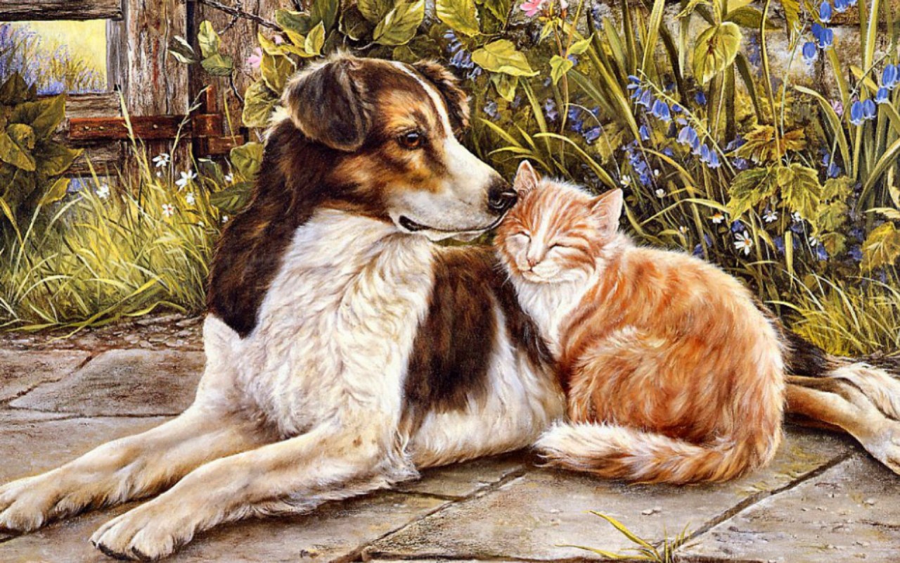 Originalwide Dog & Cat Sweet Friendship Wallpapers - Cat And Dog Paintings , HD Wallpaper & Backgrounds