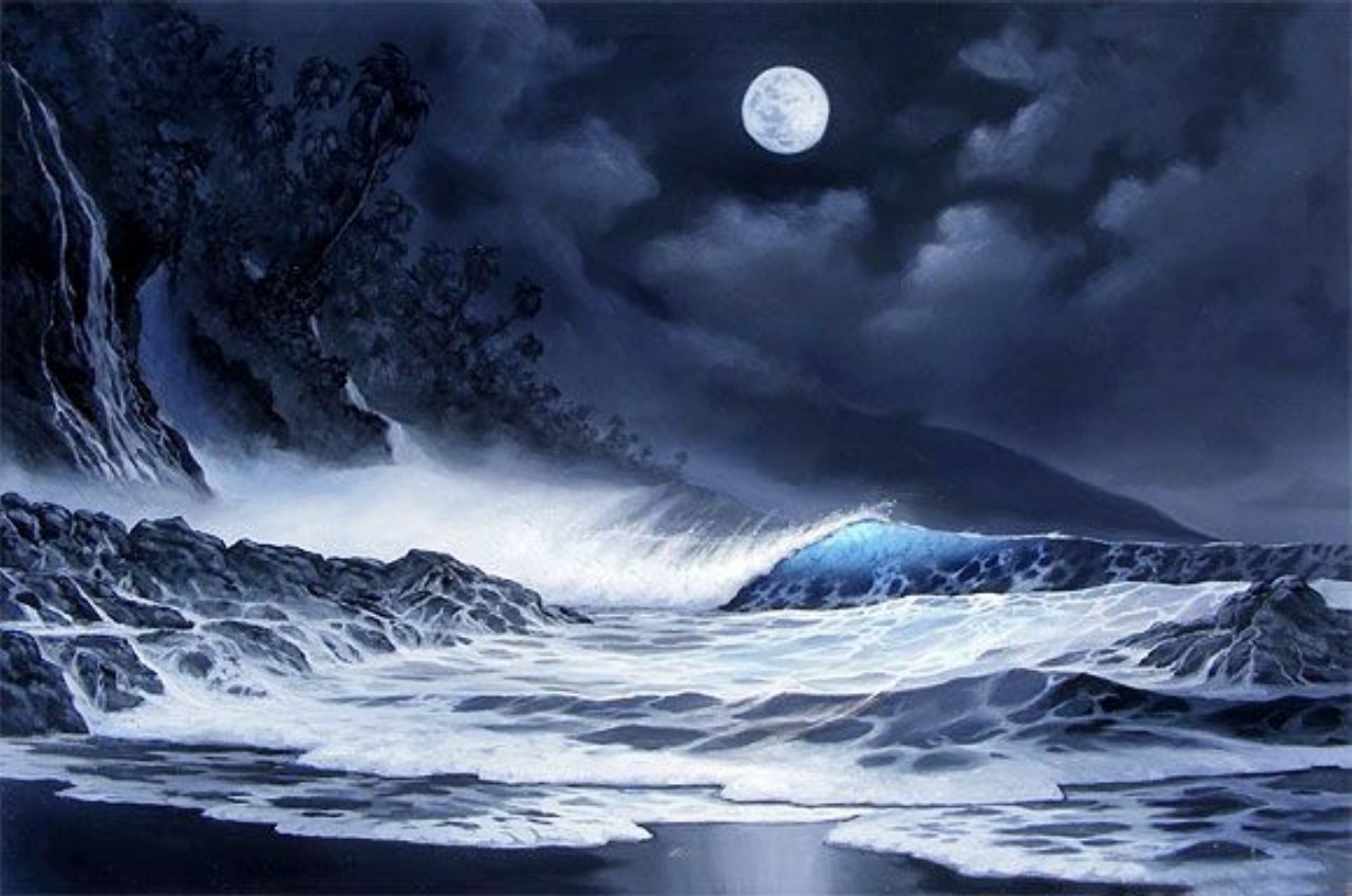 Moon Passion Sky Cove Ocean Waves Clouds Beach Night - Moon And Ocean Waves , HD Wallpaper & Backgrounds