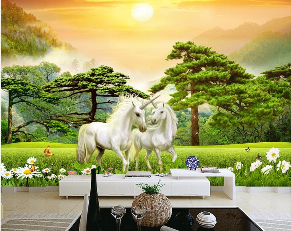 Personalizado Mural 3d Wallpaper Unicornio Pastizales - Papel Parede 3d Cavalos , HD Wallpaper & Backgrounds