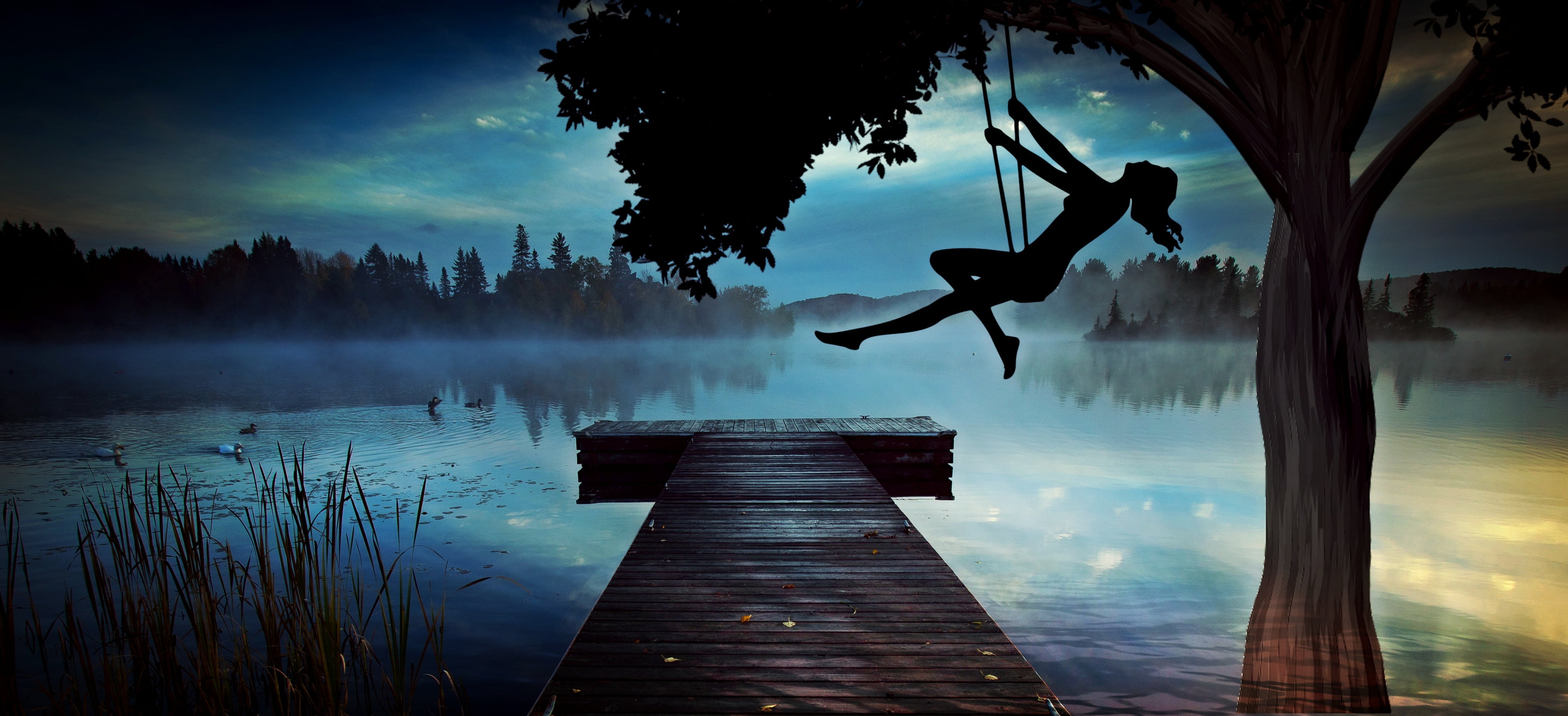 Silhouette Of Woman Riding On Swing Near River Dock - Inspirational Cute Life Quotes , HD Wallpaper & Backgrounds