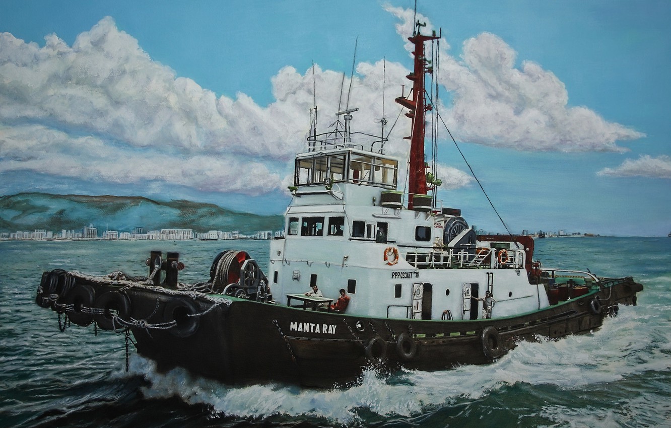 Photo Wallpaper Sea, The Sky, Painting, Fishing Vessel, - Обои Судно , HD Wallpaper & Backgrounds