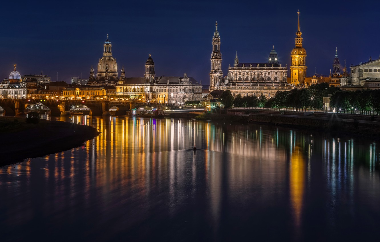 Photo Wallpaper Night, Bridge, Lights, River, Building, - Dresden , HD Wallpaper & Backgrounds