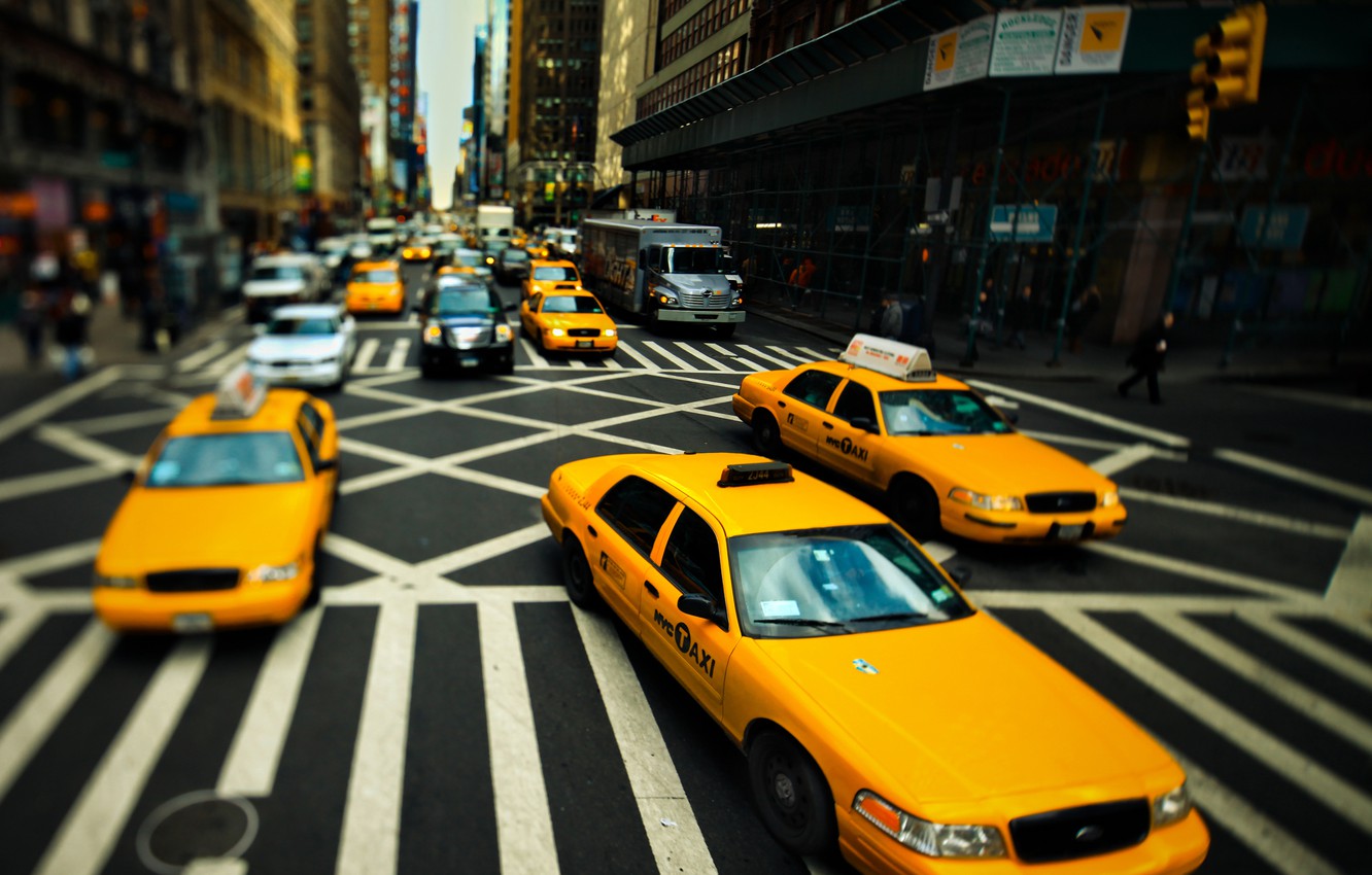Photo Wallpaper Road, Street, Focus, New York, Taxi, - New York Street Taxis , HD Wallpaper & Backgrounds