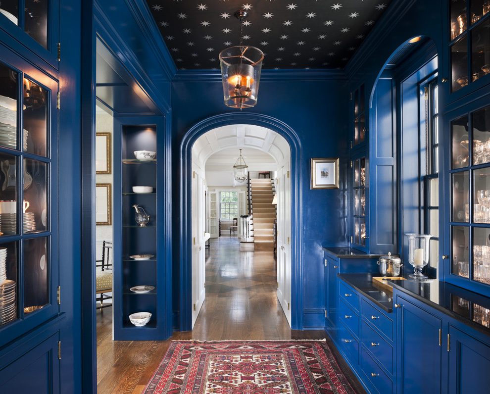 Hall Peacock Blue Wallpaper Traditional Butler's Pantry - Black Ceiling Blue Walls , HD Wallpaper & Backgrounds