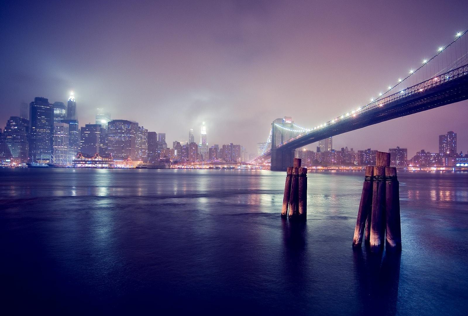Brooklyn Bridge Skyscrapers Haze Mota Full Hd 1080p - Night City Wallpaper Hd , HD Wallpaper & Backgrounds