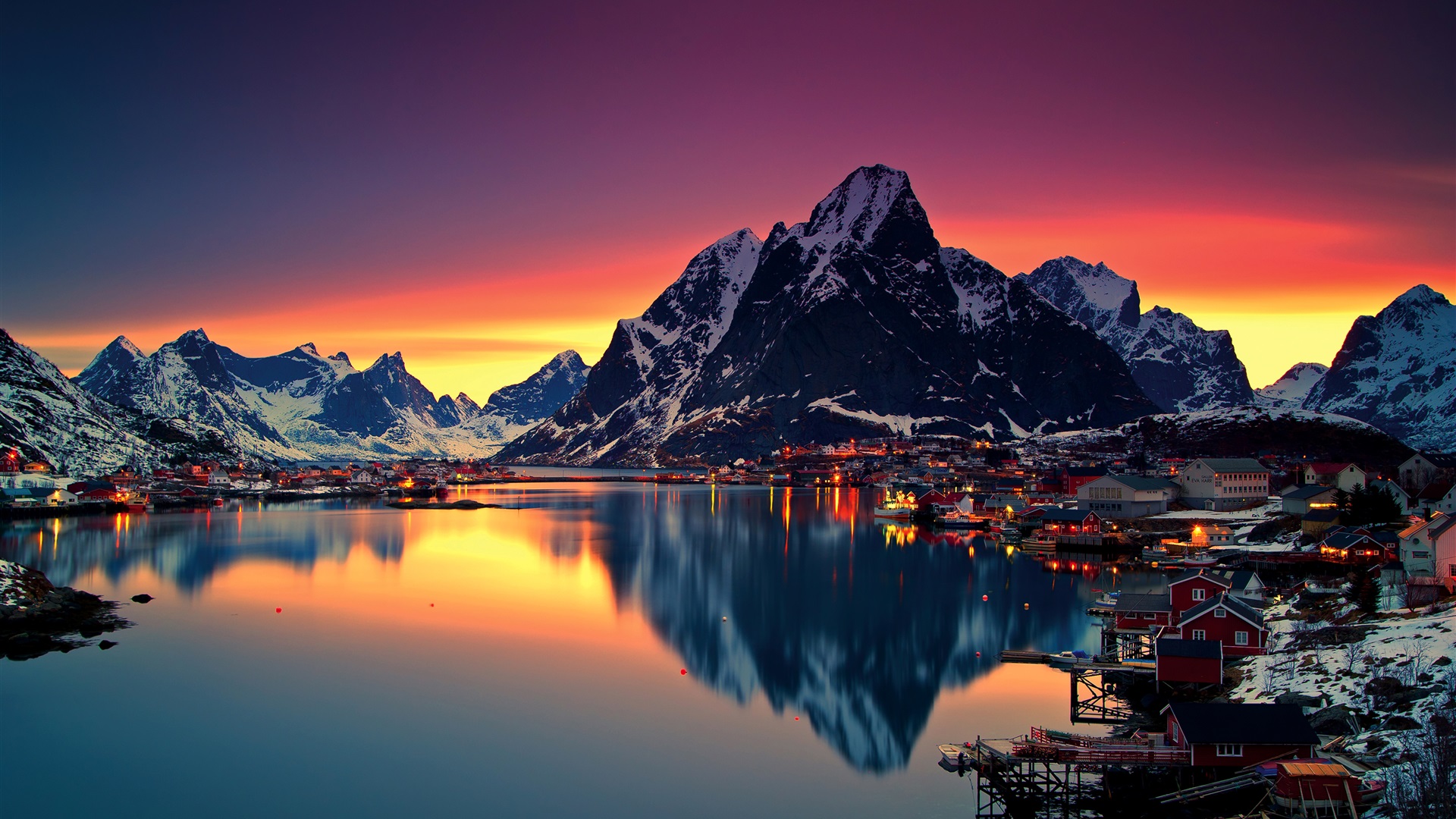 Wallpaper Lofoten, Evening, Sunset, Mountains, Lake, - Norway Hd , HD Wallpaper & Backgrounds