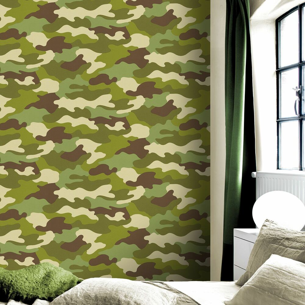 Details About Camouflage Wallpaper Camo Green Feature - Camouflage Bedroom Wall , HD Wallpaper & Backgrounds