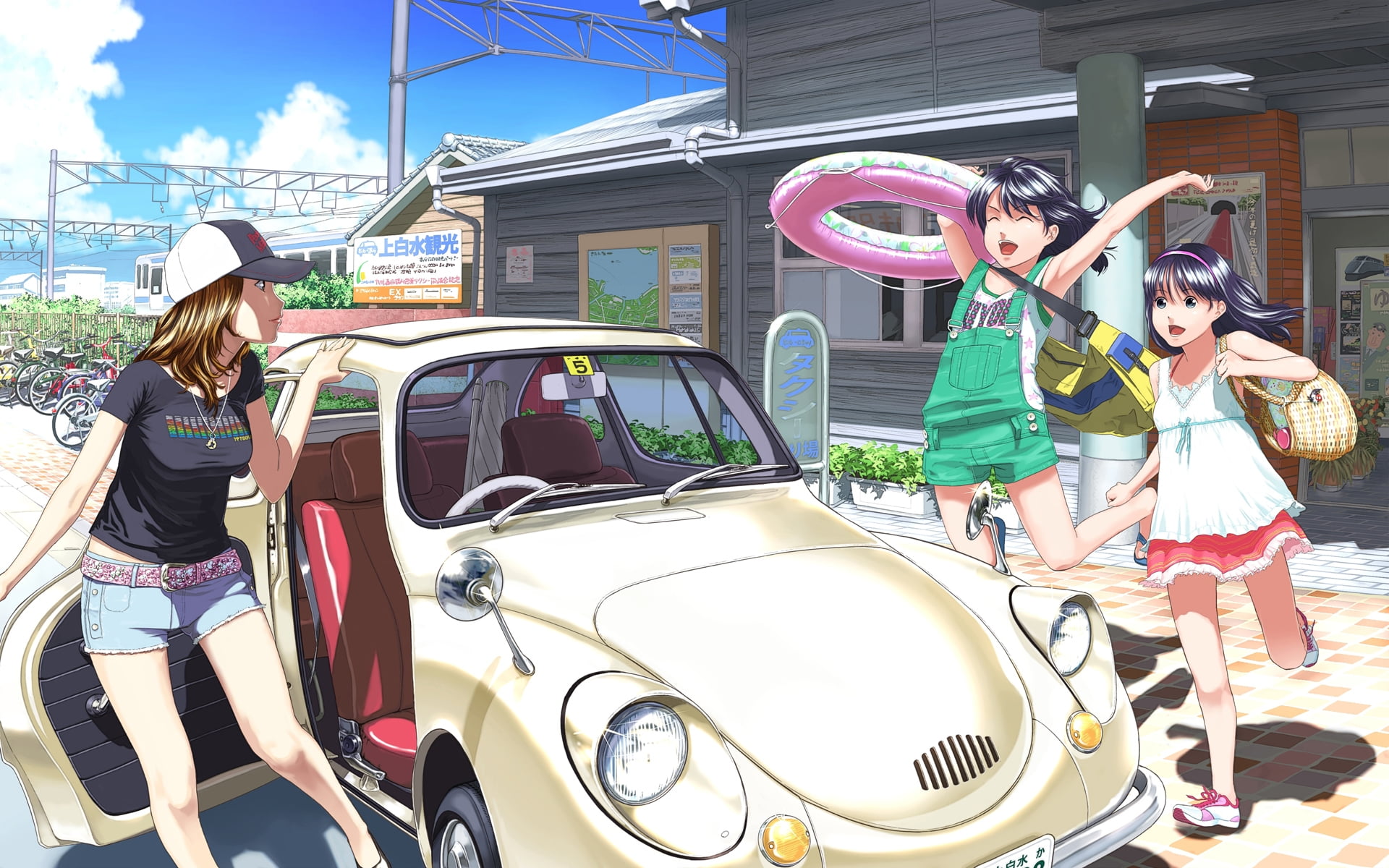 Animated Illustration Of 3 Person With Gold Beetle - Anime Characters In A Car , HD Wallpaper & Backgrounds
