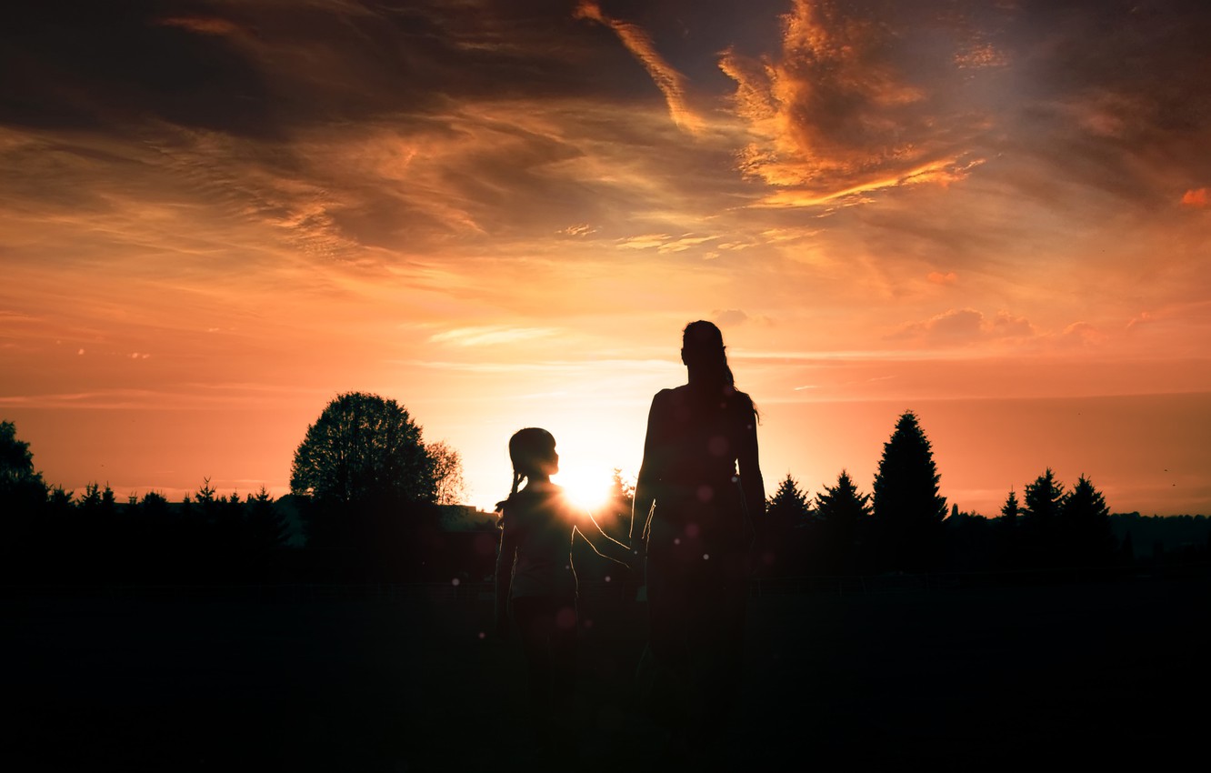 Photo Wallpaper Sunset, Nature, Children, Mood, Child, - Mother And Child Hd , HD Wallpaper & Backgrounds