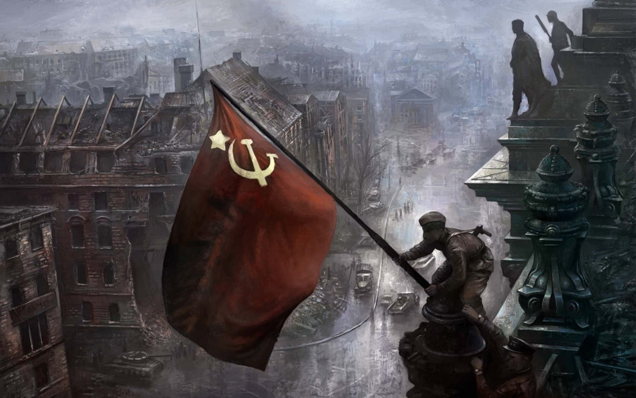 Person Raising Hammer And Sickle Flag On Top Of Building - Ussr Flag Berlin , HD Wallpaper & Backgrounds