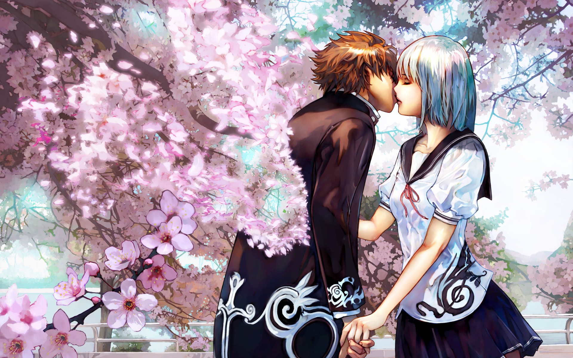 Sakura Anime Romantic Kiss Wallpaper Desktop - Anime Girl And Boy Under Tree , HD Wallpaper & Backgrounds
