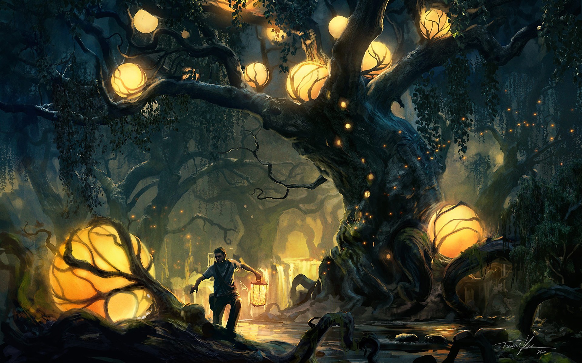 Trees Lights Forest Fantasy Art Wallpaper - Hd Obras De Arte , HD Wallpaper & Backgrounds
