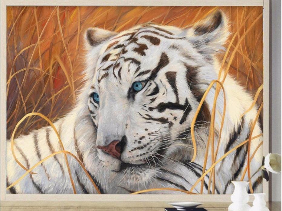 3d Blue-eyed White Tiger Face Wallpaper Beautiful Wall - Pintura Tigre Branco Em Parede , HD Wallpaper & Backgrounds