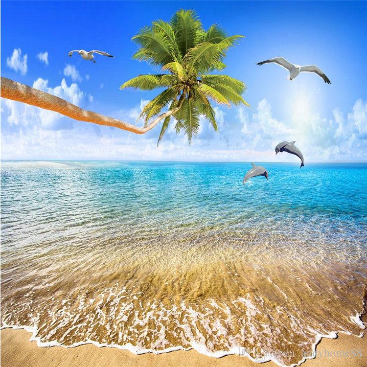 Beautiful Sea View Mediterranean Coconut Tree Dolphin - Floor Mural , HD Wallpaper & Backgrounds
