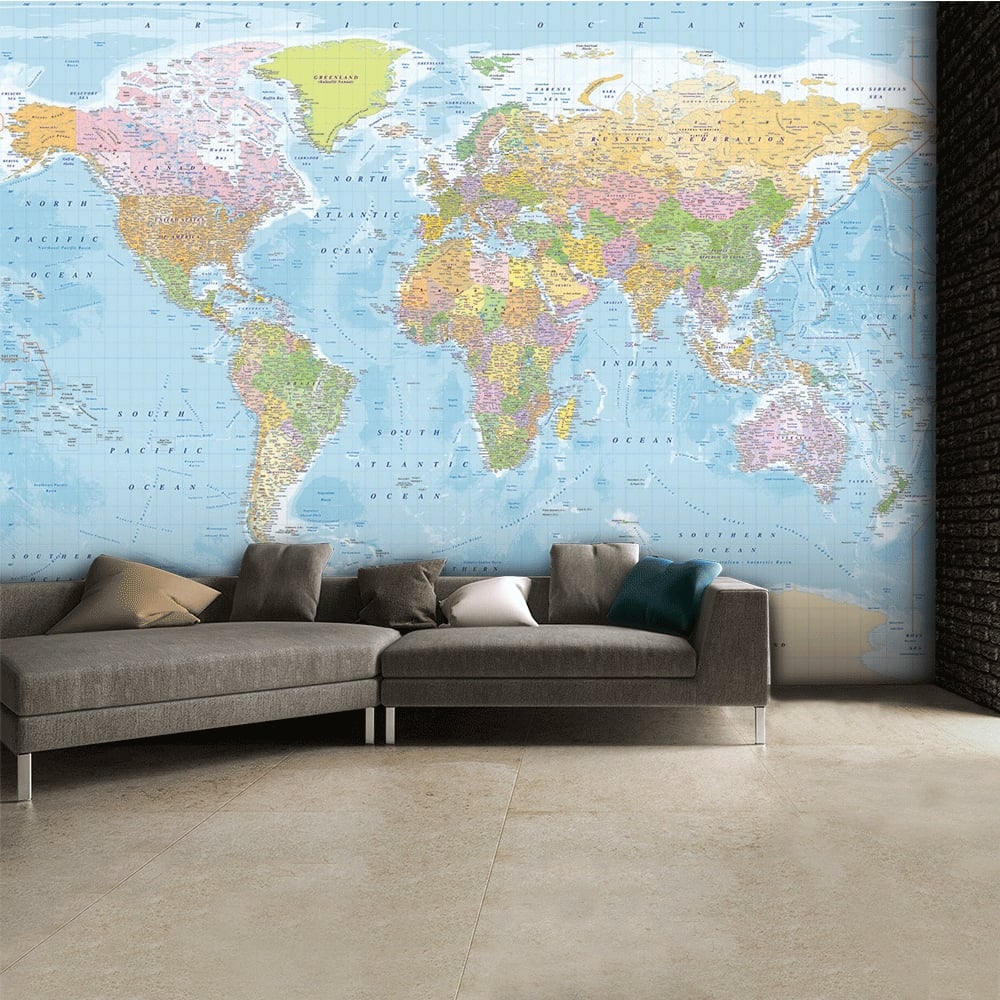 Maps In Minutes Modern Educational Blue World Map Wallpaper - Carte Du Monde Papier Peint , HD Wallpaper & Backgrounds