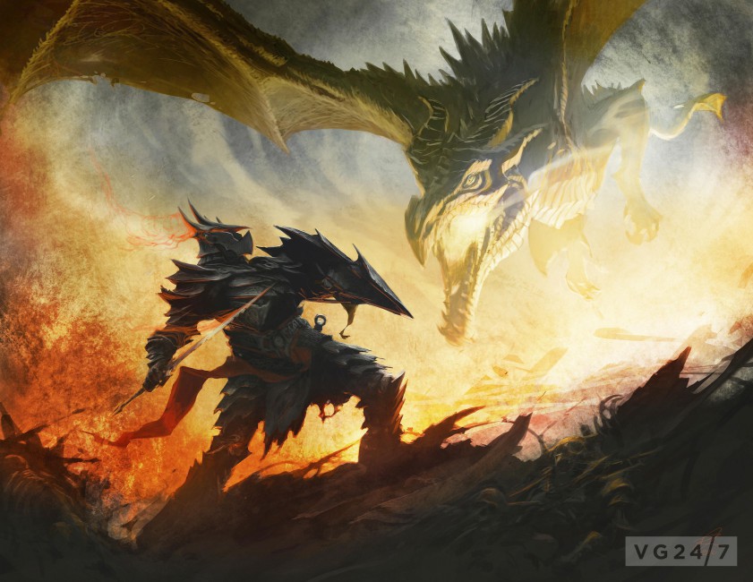 The Elder Scrolls Skyrim Art Dragon Daedric Armor Battle - Skyrim Art , HD Wallpaper & Backgrounds
