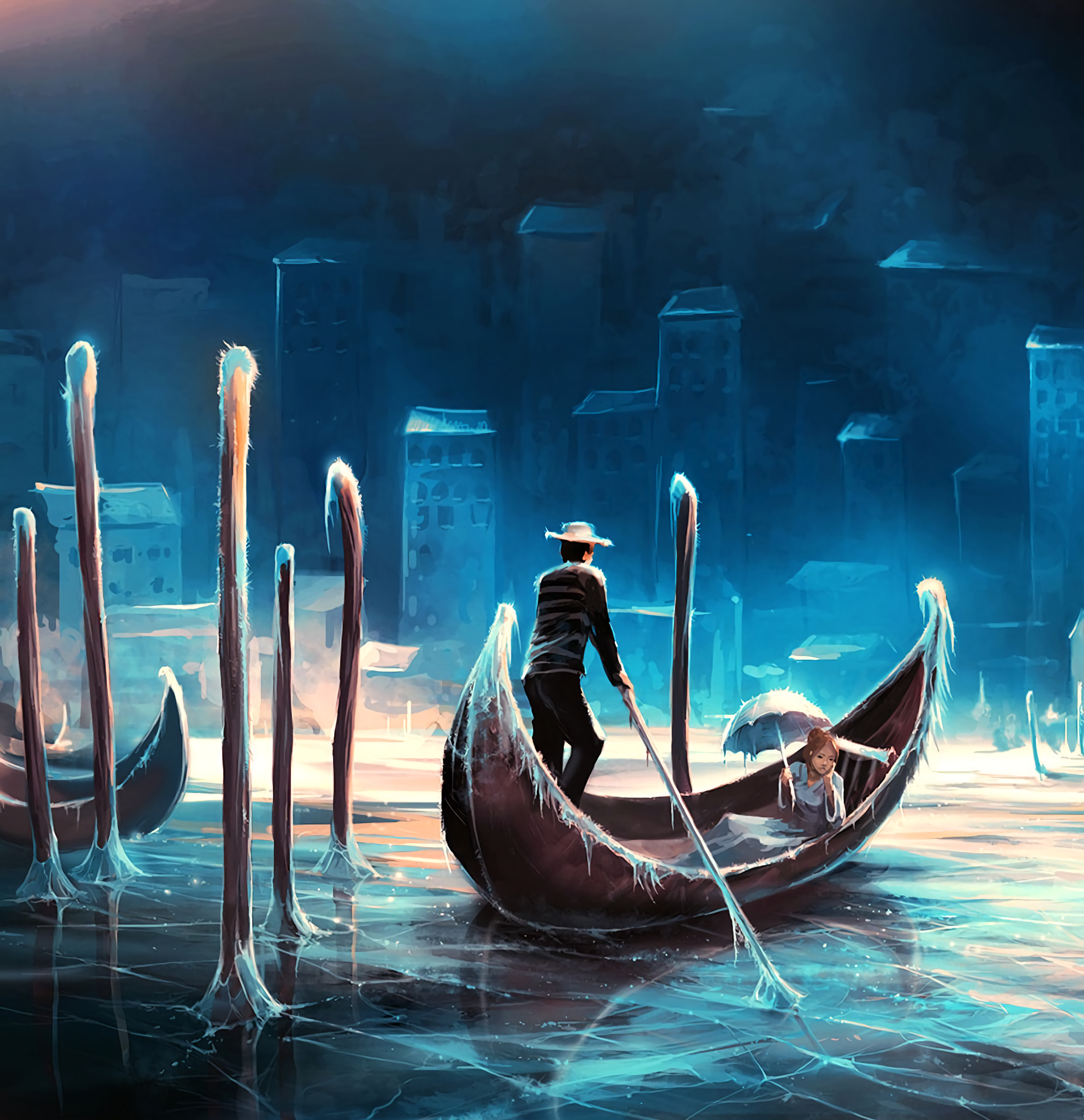 Gondola River Ice Night Art - Fantasy Gondola , HD Wallpaper & Backgrounds