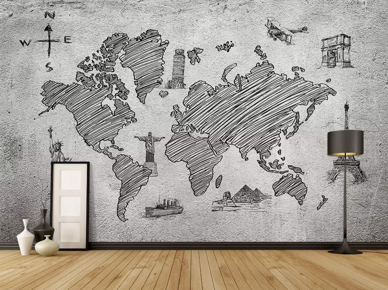 Murwall Map Wallpaper Monochrome World Map Wall Mural - World Map Wall Sketch , HD Wallpaper & Backgrounds