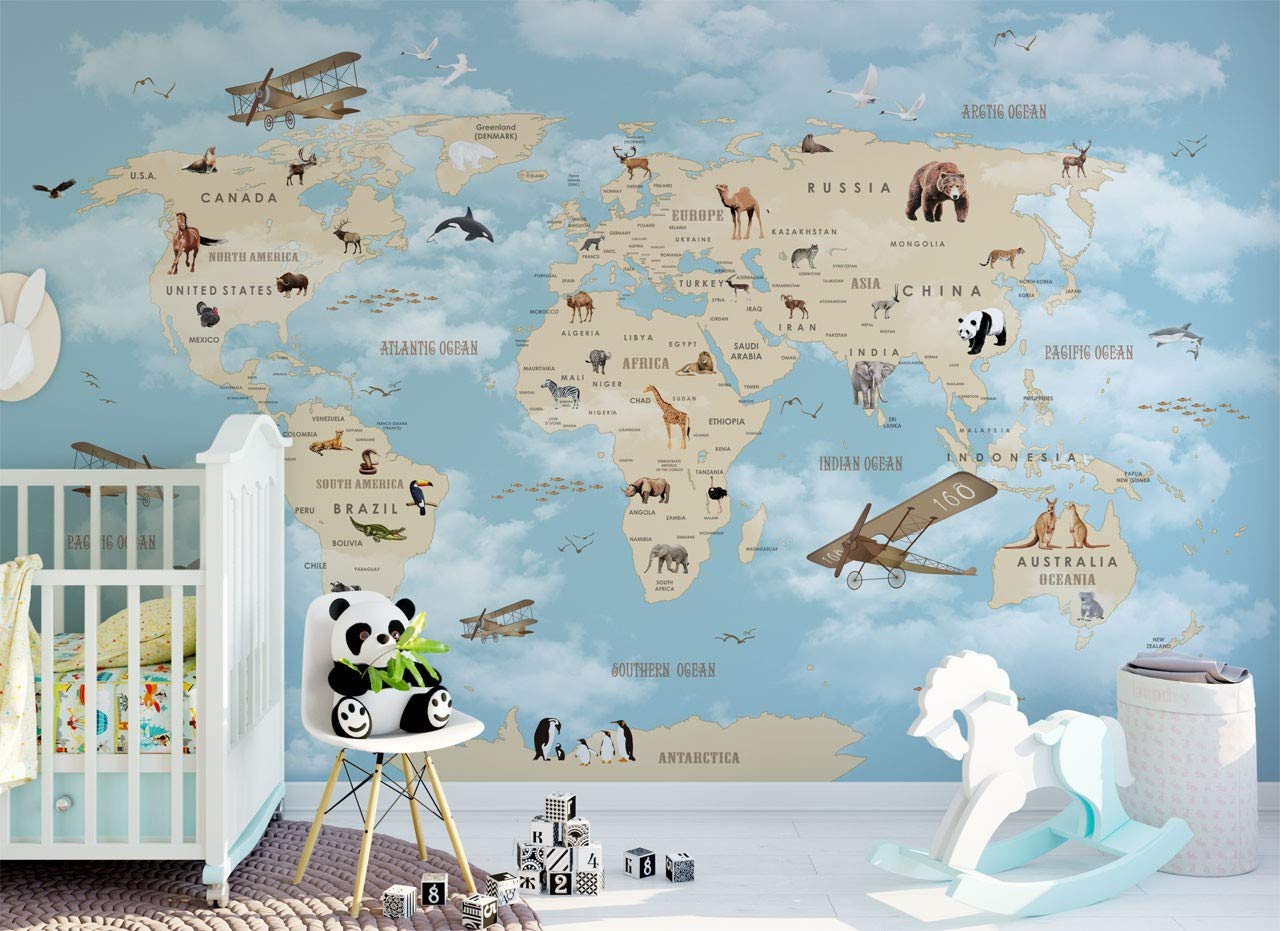 World Map With Woodland Safari Nursery Decor Boys Bedroom - Nursery Woodland Wall Mural , HD Wallpaper & Backgrounds