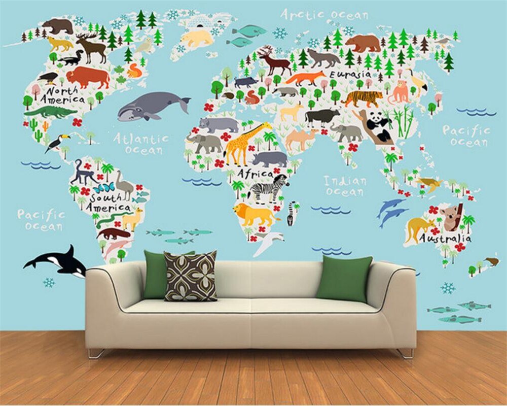 Beibehang Custom Photo Wallpaper 3d Cartoon World Map - World Map Animals Canvas , HD Wallpaper & Backgrounds