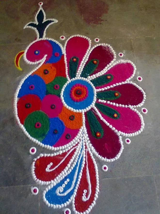 Peacock Rangoli Design - Rangoli Kolam Simple With Colour , HD Wallpaper & Backgrounds