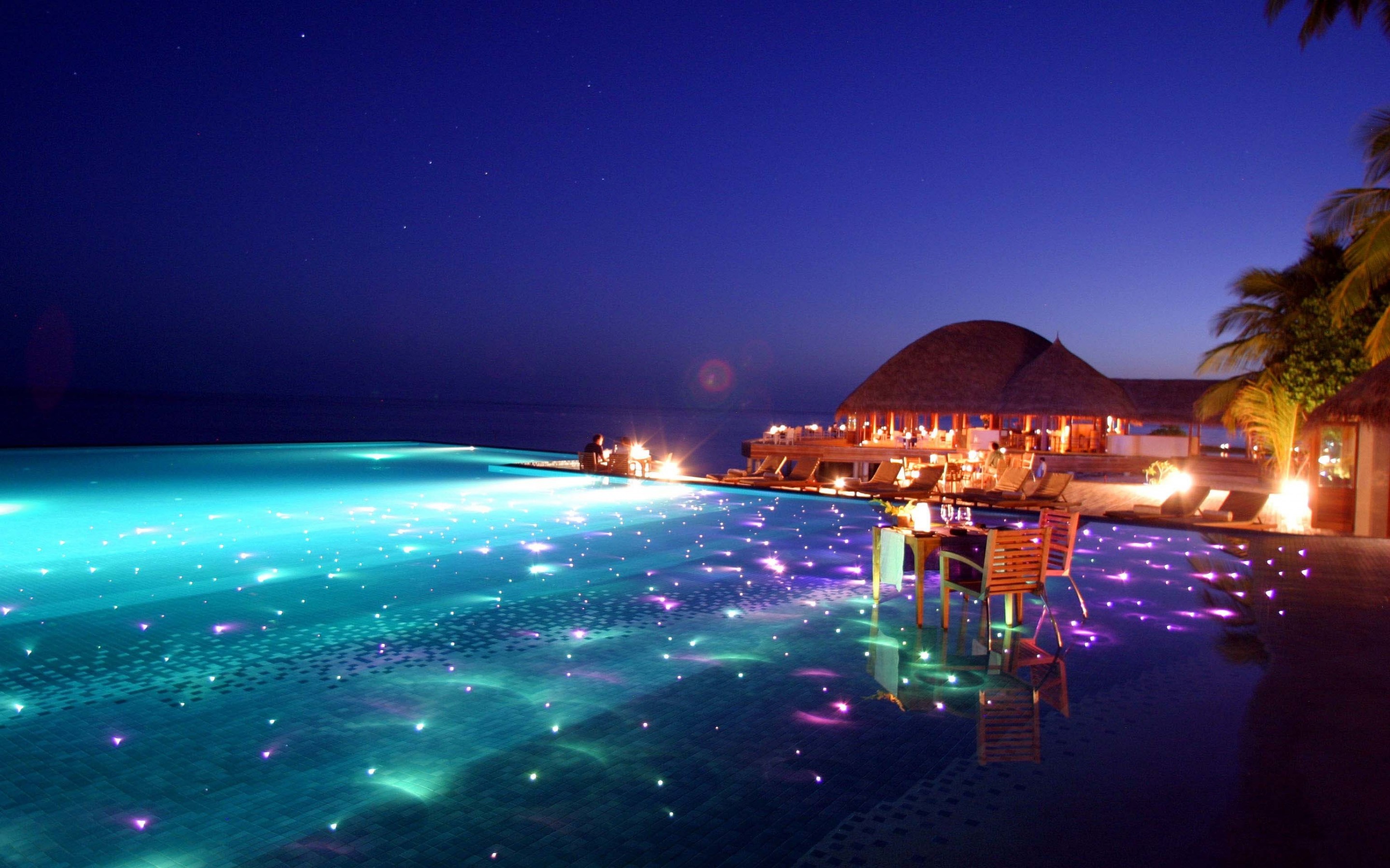 #hotel, #swimming Pool, #beach, #water, #glowing, - Maldives Night , HD Wallpaper & Backgrounds
