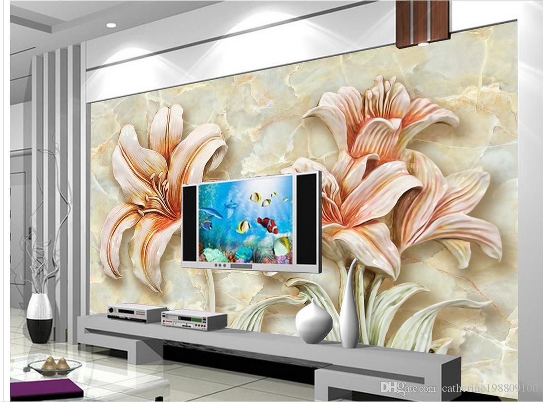 Marble Stereo Lily Relief Tv Backdrop Wall Mural 3d - Mural , HD Wallpaper & Backgrounds