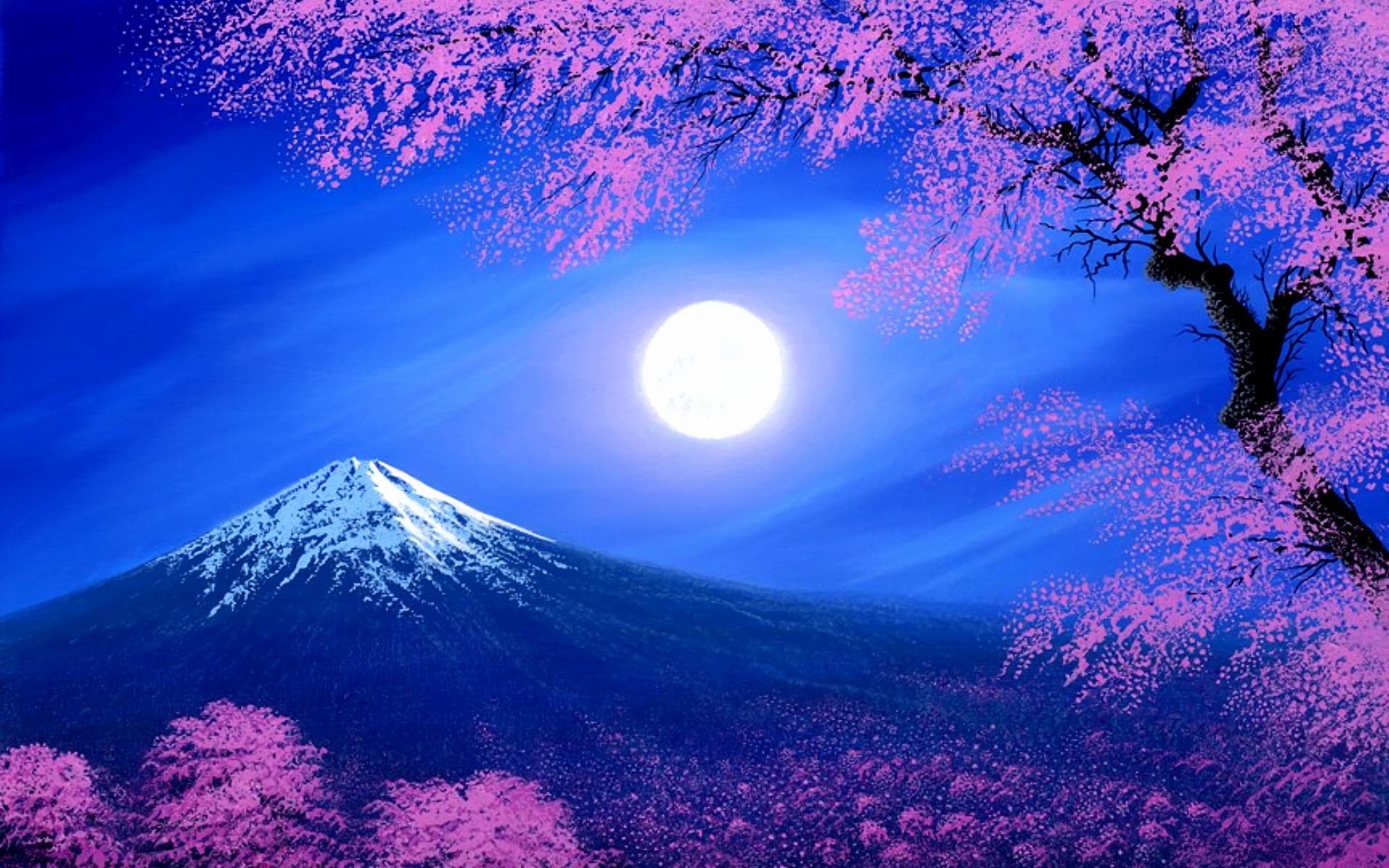 Hd Wallpaper - Cherry Blossom Painting Mountain , HD Wallpaper & Backgrounds