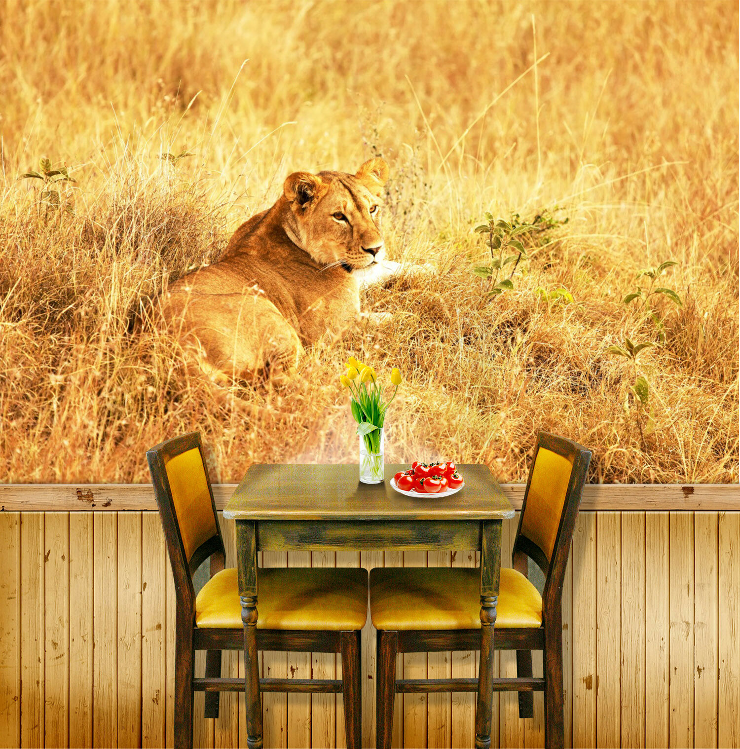 3d 3d 3d Golden Lawn Lion 742 Wallpaper Mural Paper - Orange Juice 3d , HD Wallpaper & Backgrounds