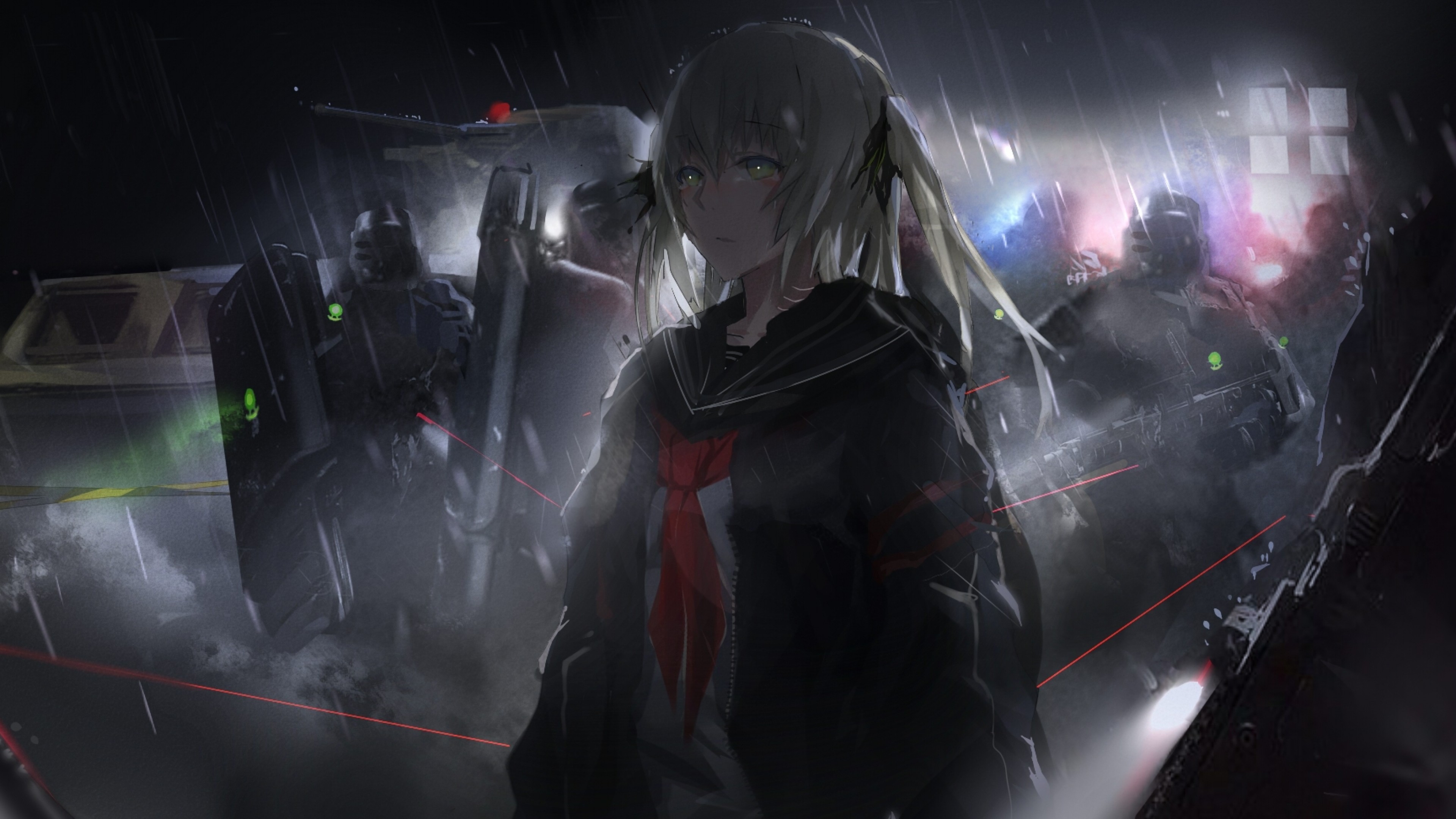 Anime Girl, Soldiers, Raining, Dark Theme, Guns - Anime Wallpaper Dark Theme , HD Wallpaper & Backgrounds