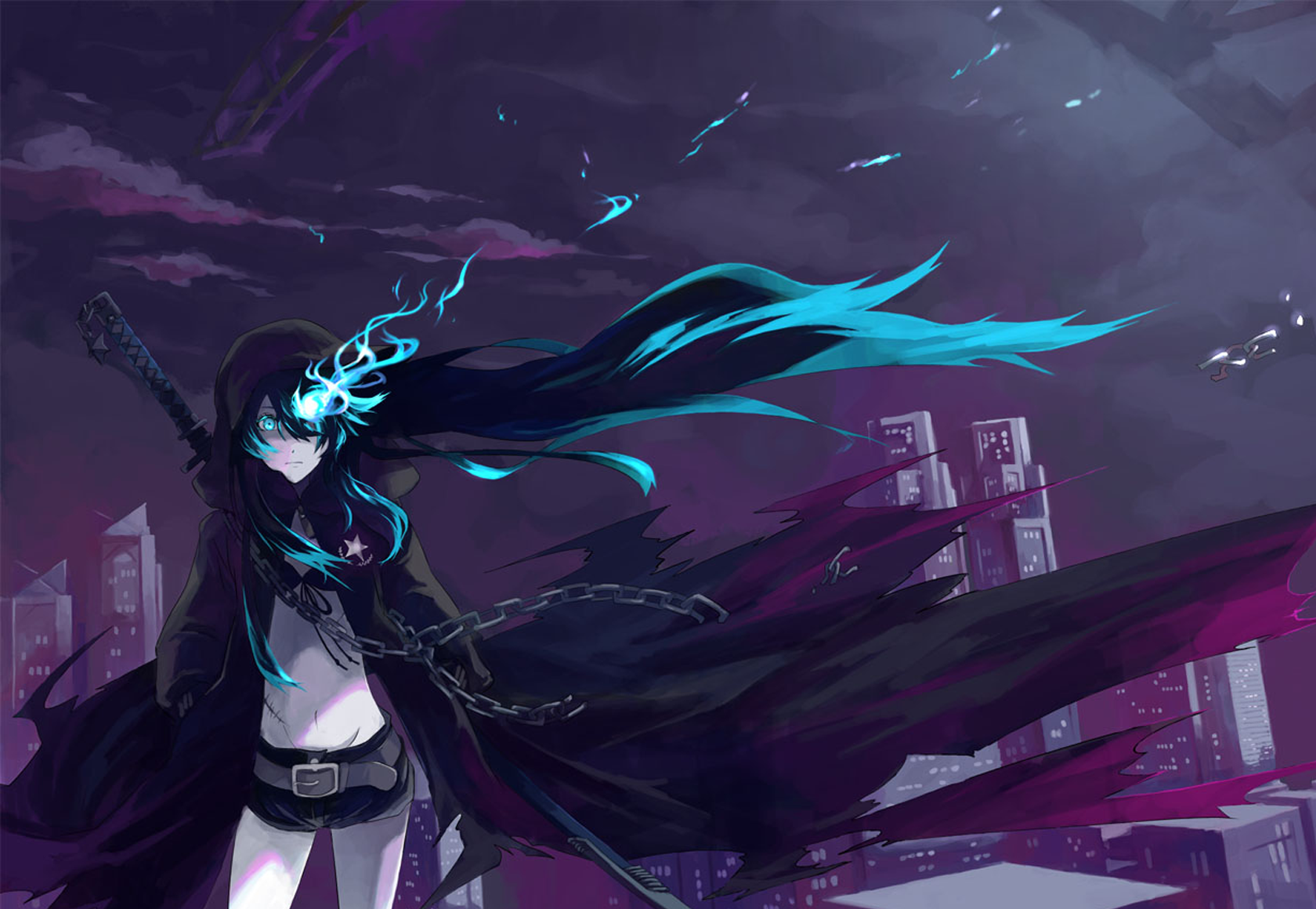 Anime Black Rock Shooter Blue Eyes Long Hair Girl Anime - Anime Girl Black And Blue Hair , HD Wallpaper & Backgrounds