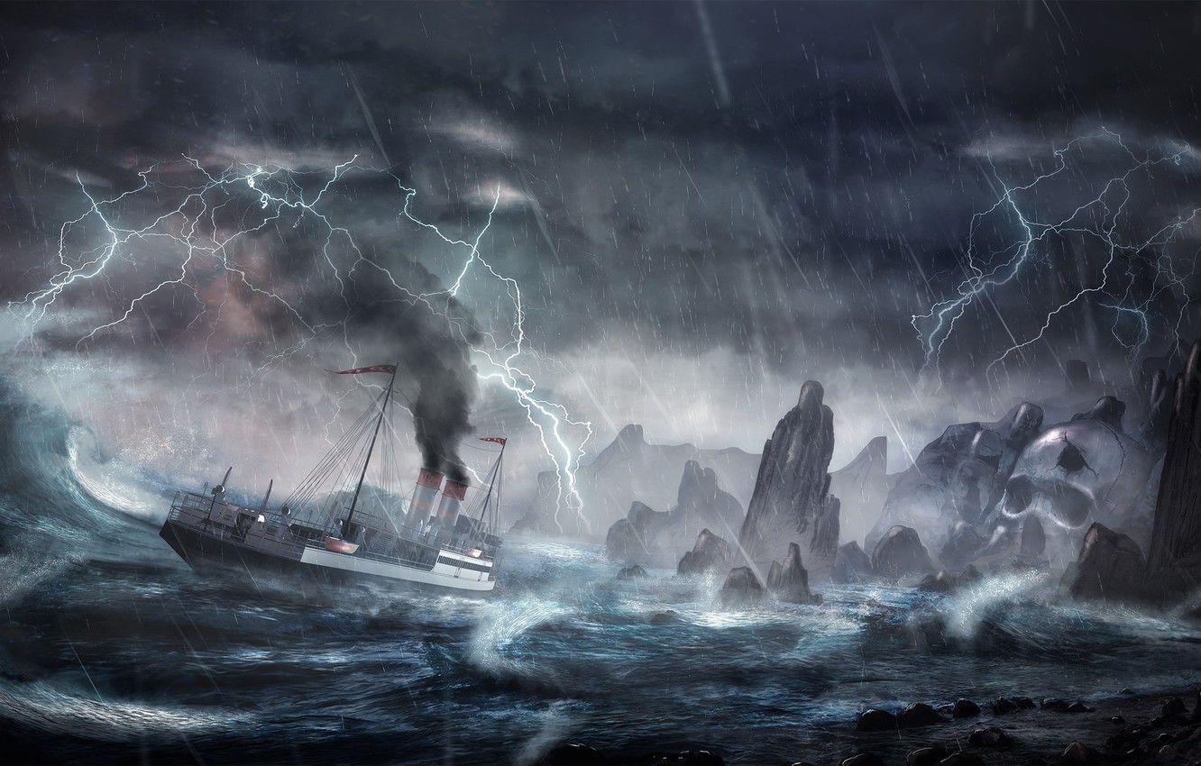 Photo Wallpaper Wave, Storm, Rocks, Lightning, Ship, - Island Storm , HD Wallpaper & Backgrounds