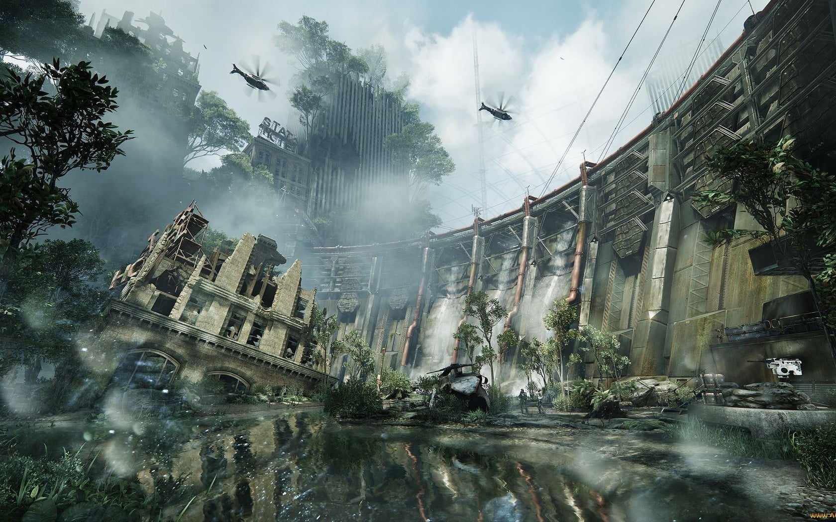 Destroyed Buildings And Helicopter Art, Apocalyptic, - Crysis 3 Dam , HD Wallpaper & Backgrounds