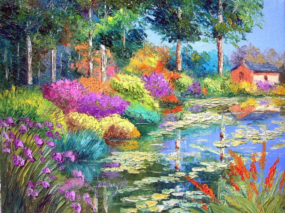 Garden In Painting Flowers House Landscape Oil Painting - Jean Marc Janiaczyk , HD Wallpaper & Backgrounds