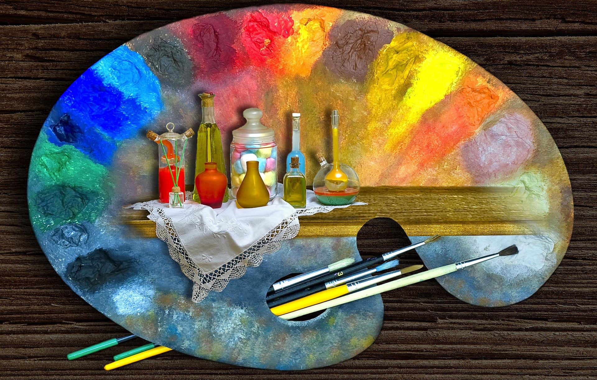 Multicolored Paint Palette, Oil Painting, Paintbrushes, - Палитра Красок Для Рисования , HD Wallpaper & Backgrounds