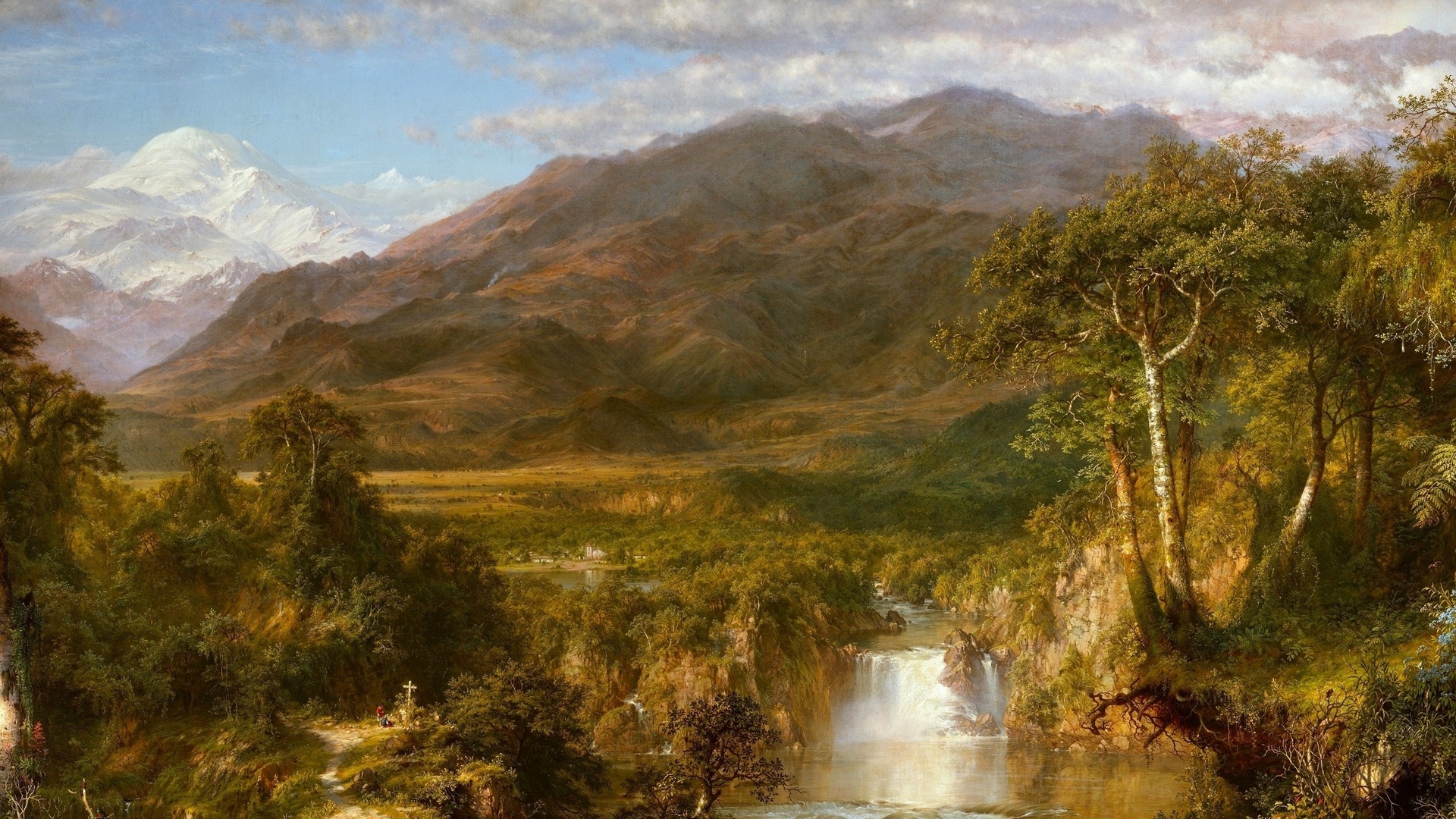 Wallpaper Painting, Canvas, Art, Falls, Mountains, - Heart Of The Andes Frederic Edwin Church , HD Wallpaper & Backgrounds