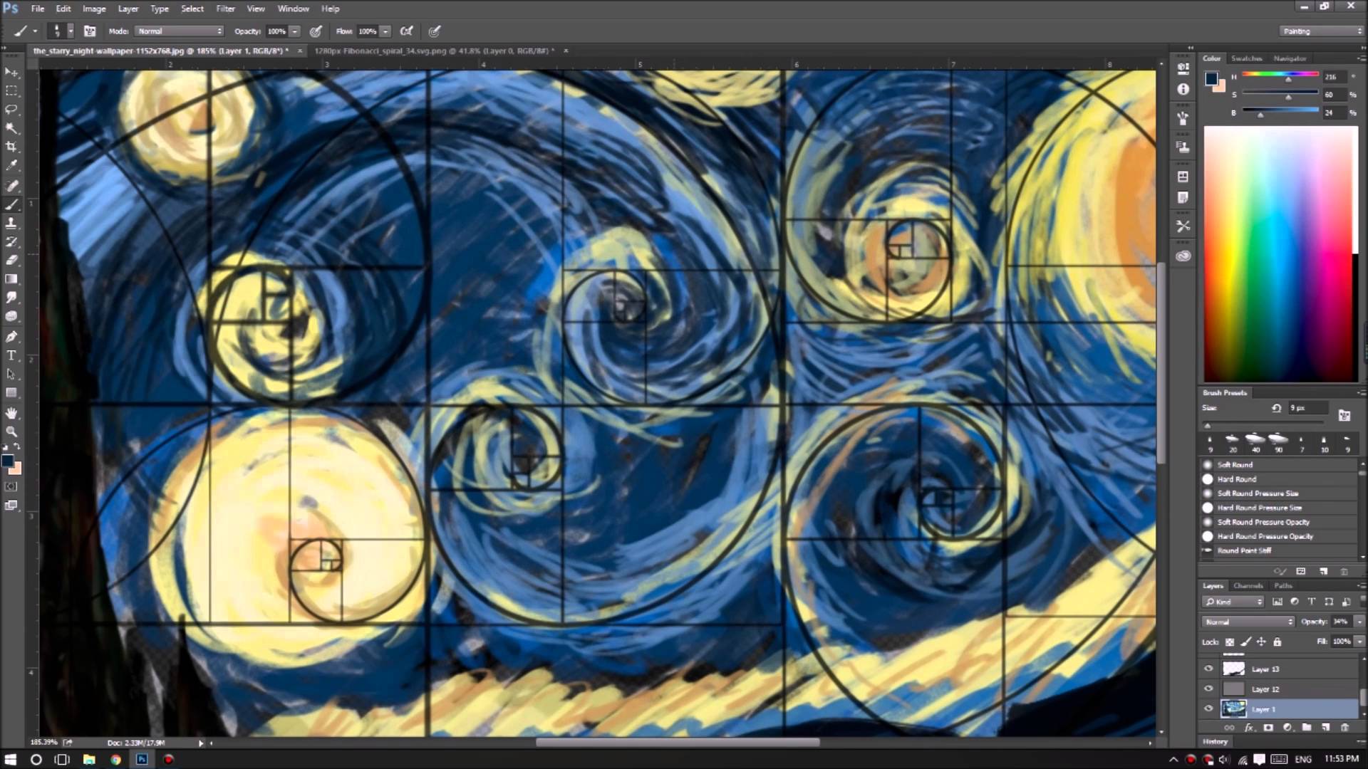 When Golden Spiral Applies To Starry Night - Fibonacci Sequence Starry Night , HD Wallpaper & Backgrounds
