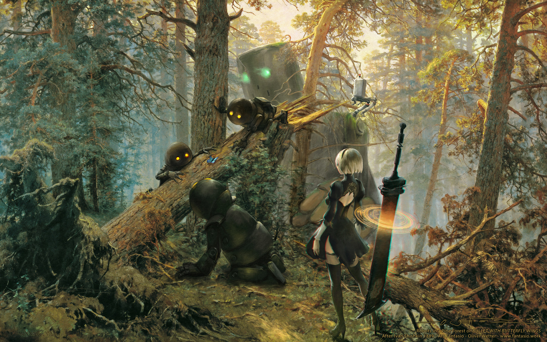 Oliver Wetter Wallpaper Of Robots In Pine Forest After - Bear In The Woods Painting , HD Wallpaper & Backgrounds