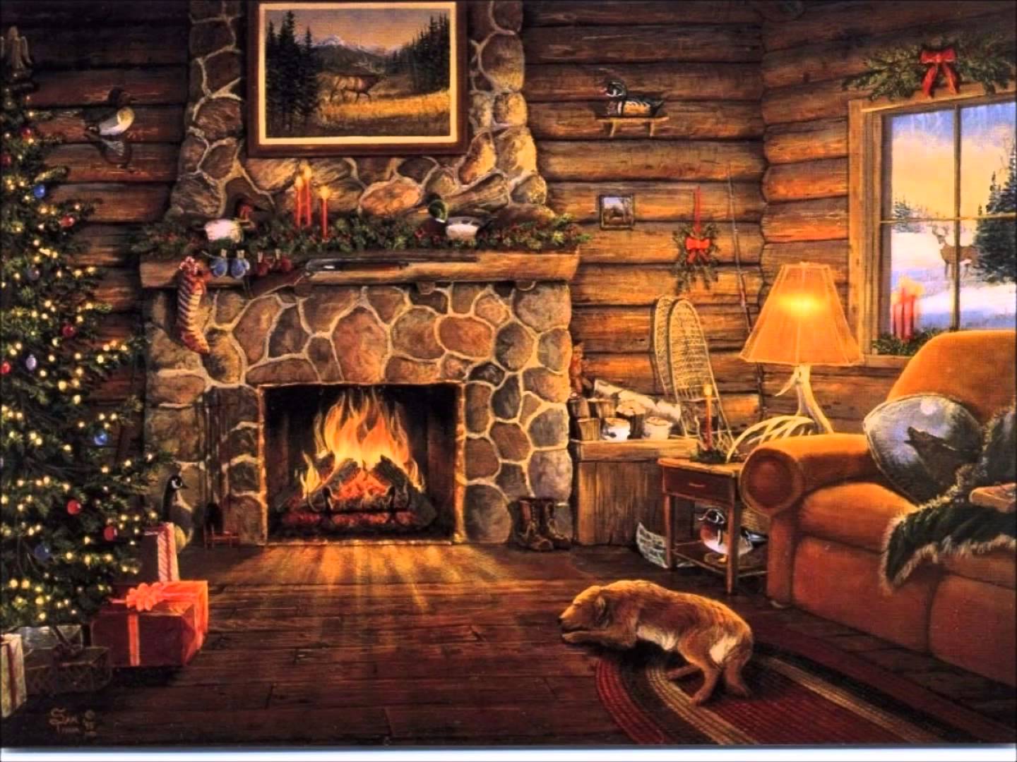 Winter Cabin Wallpaper - Christmas Fireplace Log Cabin , HD Wallpaper & Backgrounds