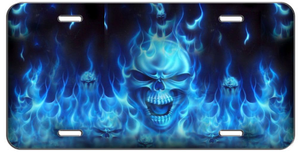 Custom License Plate Blue Flaming Skulls Auto Tag - Blue Fire Skull , HD Wallpaper & Backgrounds