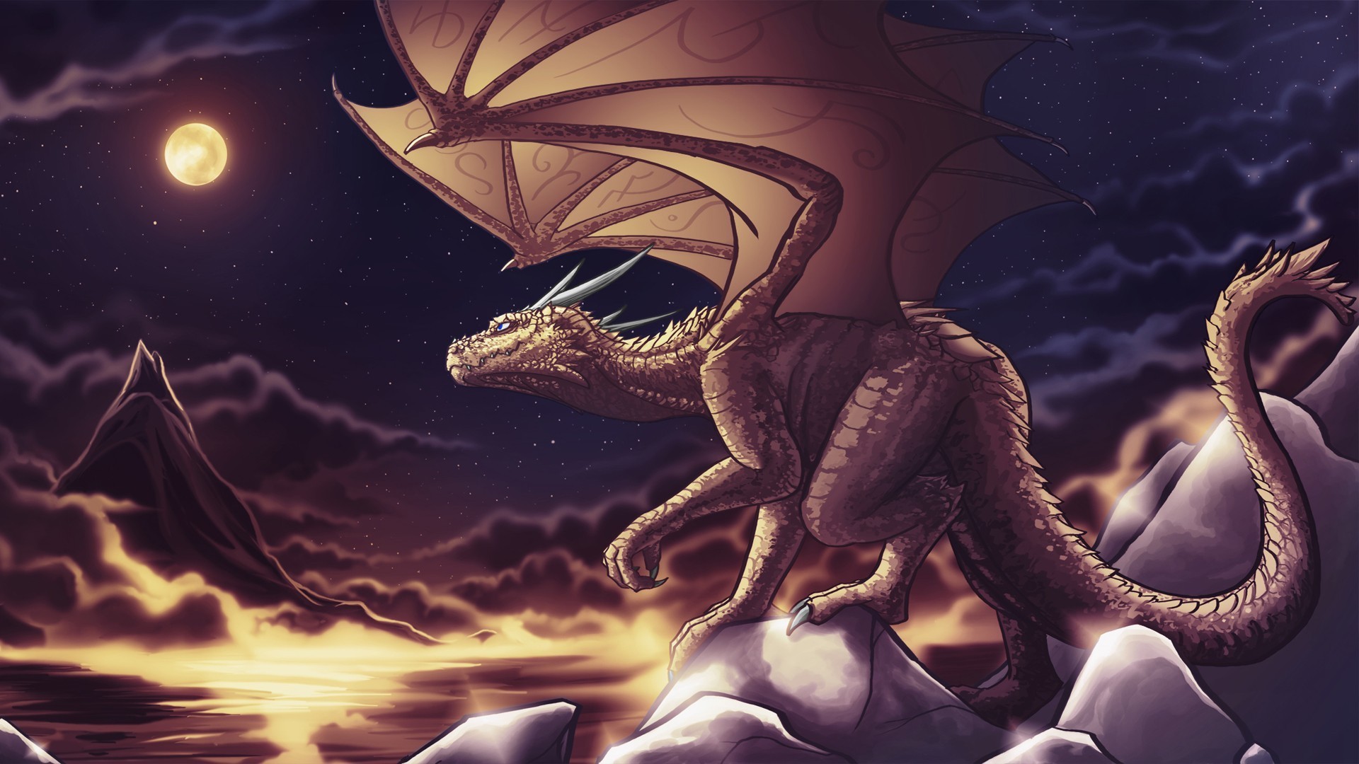 Fantastic Creatures Digital Art Dragons Fantasy Wallpaper - Dragon Looking At The Moon , HD Wallpaper & Backgrounds