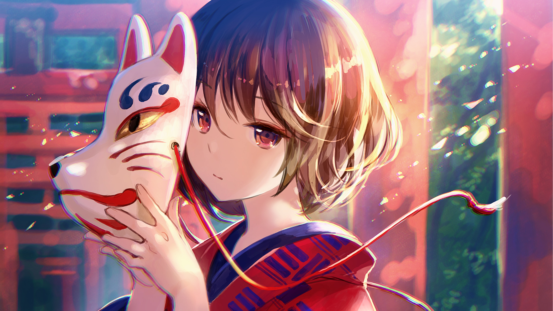 Anime Girl Night 4k Vertical Source - Anime Girl With Fox Mask , HD Wallpaper & Backgrounds